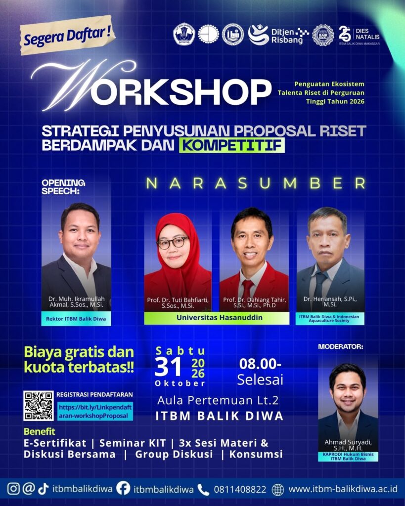 ITBM Balik Diwa Akan Melaksanakan Workshop Penguatan Ekosistem Talenta Riset Tahun 2026: Strategi Penyusunan Proposal Riset Berdampak dan Kompetitif